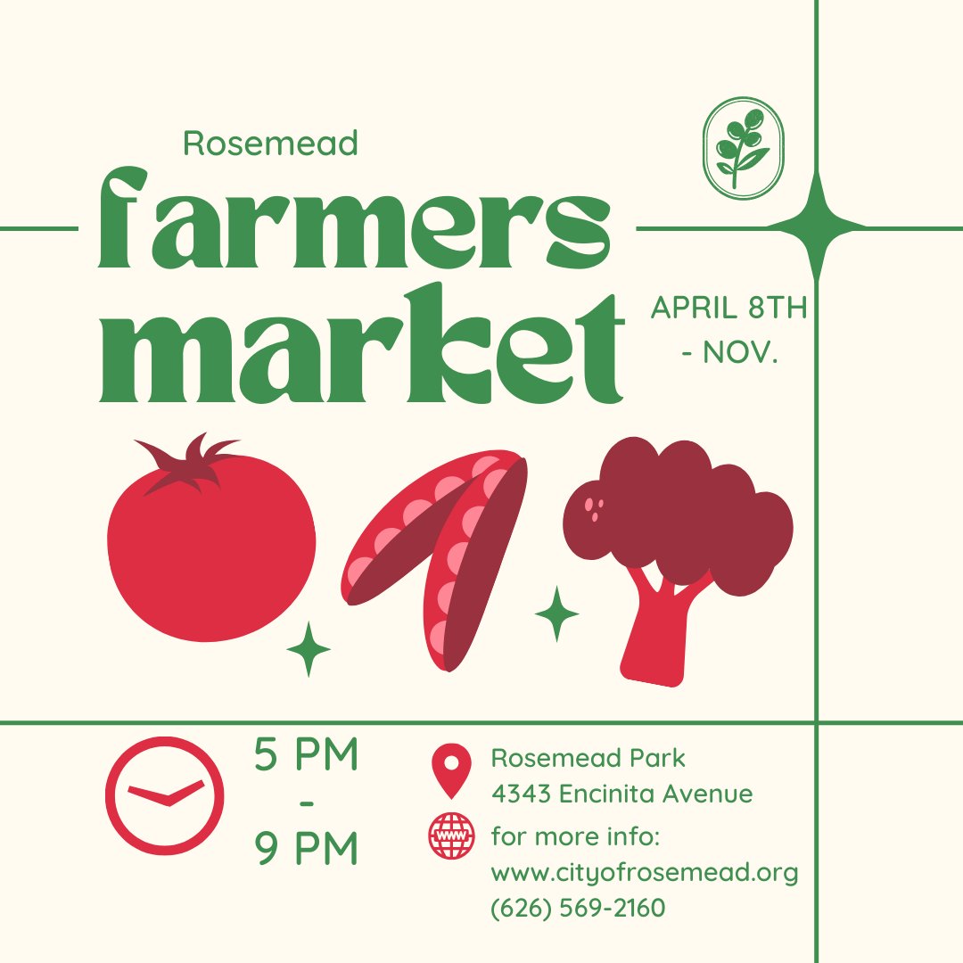 🍓Get ready for a taste bud explosion at Rosemead’s Farmers Market! Starting April 8th, 2024, join us on Monday nights from 5-9PM at Rosemead Park for a weekly culinary journey! More info at cityofrosemead.org. #RosemeadFarmersMarket #RosemeadPark #CityofRosemead