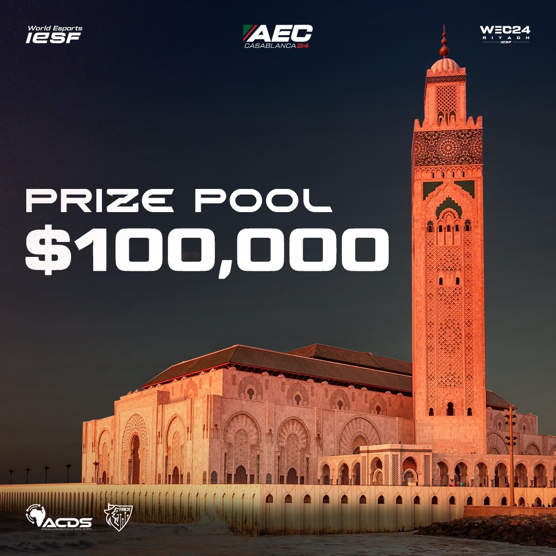 The IESF African Esports Championship will hold a PRIZE POOL of $100.000!🤯 

Africa, Time to Dominate! 

2/? Prize Pool's Announced, how many more for this year? 🫣 

#IESF #WorldEsports #AEC24