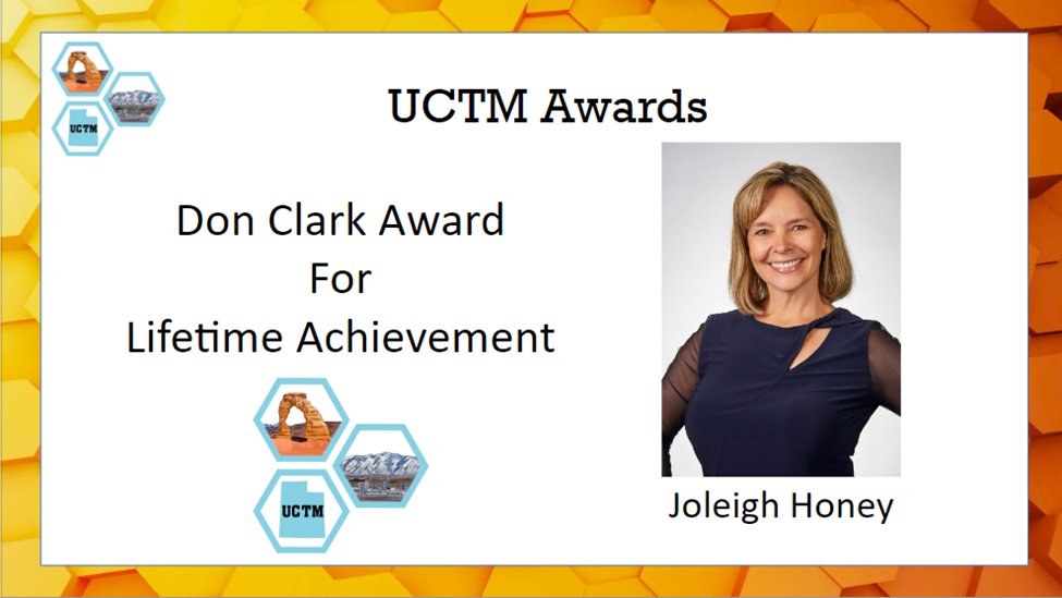 🏆 Congratulations to Joleigh Honey as the recipient of the Don Clark Award for Lifetime Achievement! 🎉 #Mathing #UtahEducators #MtBos #IteachMath #UCTM