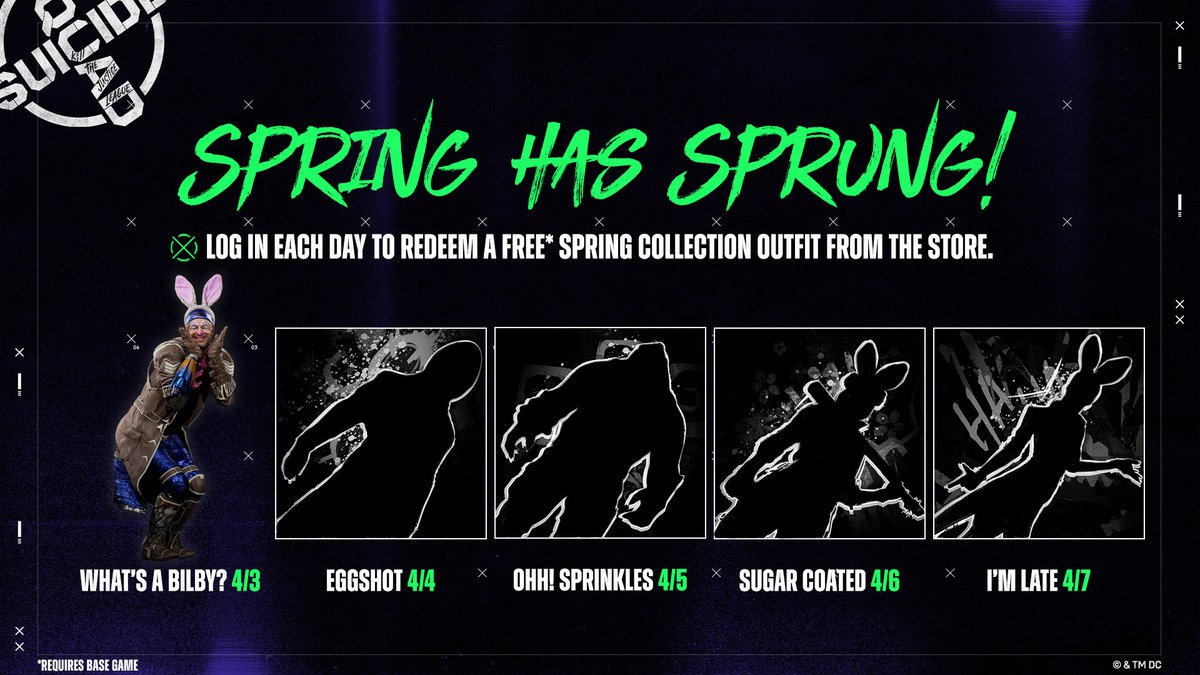 Log in to #SuicideSquadGame every day this week and hop on over to the in-game Store to get your hands on a free Outfit for each member of the Squad!