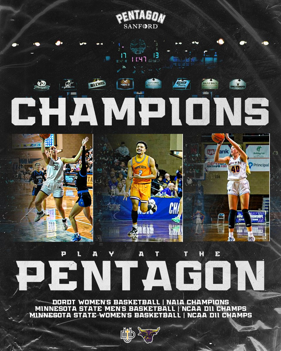 Champions play at the Pentagon. 👑 Congratulations to these 3 teams on being National Champions! @DordtWBB @MinnStMBBall @MinnStWBB Was fun having you at the Pentagon during the 2023-24 season! #sanfordsports