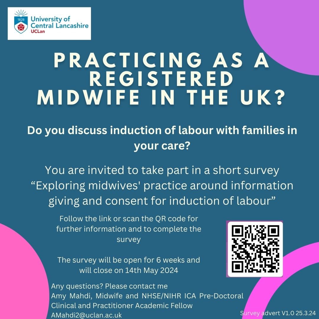 📣 Calling all UK based midwives - do you discuss induction of labour with women in your care? Would you be willing to complete a short survey to explore usual UK practice? Please consider taking part and share widely #midwiferyresearch #IOL #induction forms.office.com/e/B6yx28JfUy