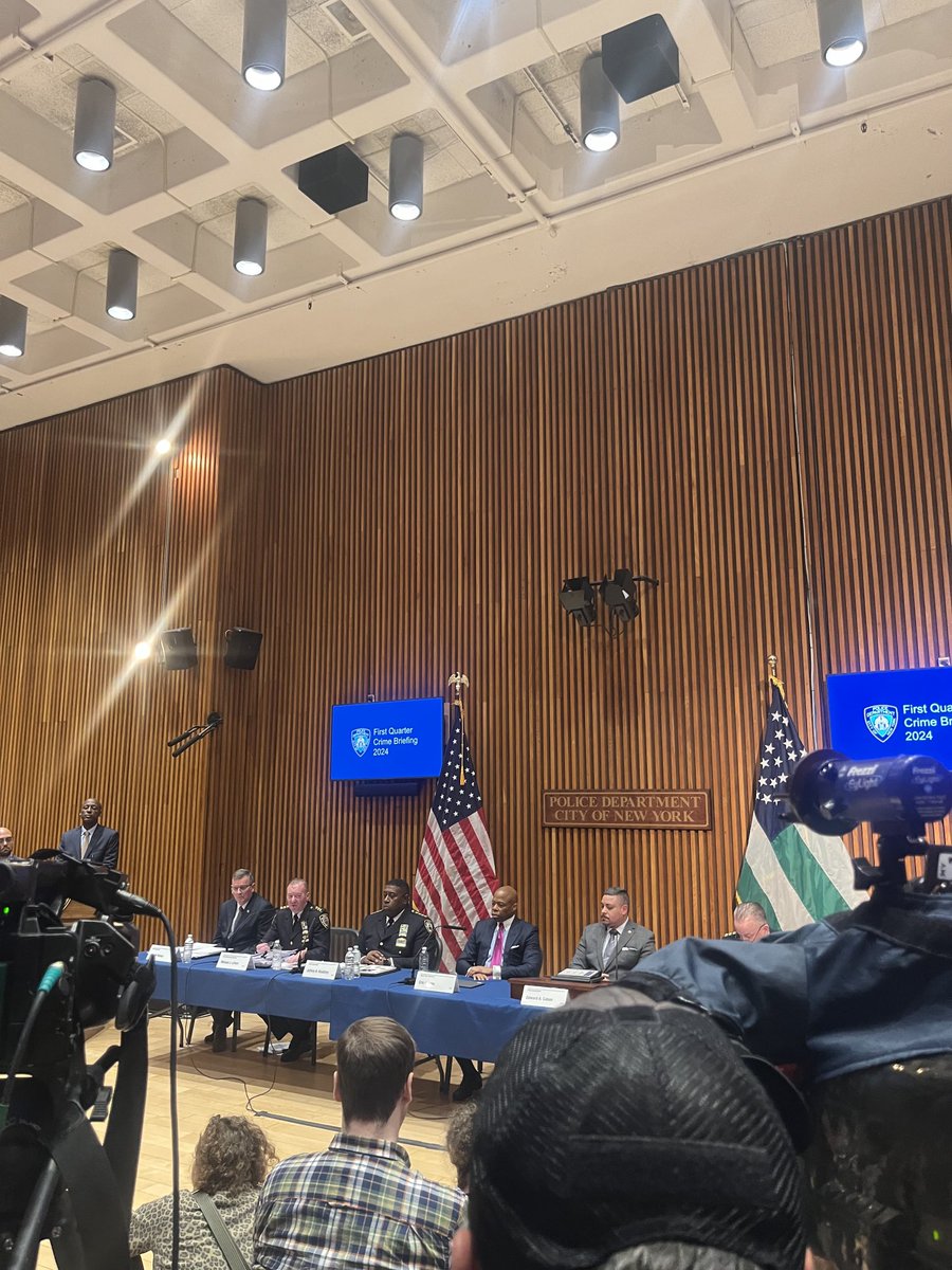 First Quarter NYPD Crime Briefing at One Police Plaza. Crime is down overall quarterly. Repeat offenders are a problem, mayor says, blaming courts. #recidivism