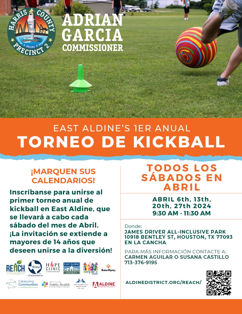Sign up for East Aldine's First Annual Kickball Tournament! Open to all residents 14 and up. Happening every Saturday in April. Learn more about Revitalizing East Aldine Community Health and sign up here: aldinedistrict.org/reach/ #EastAldineDistrict #REACH