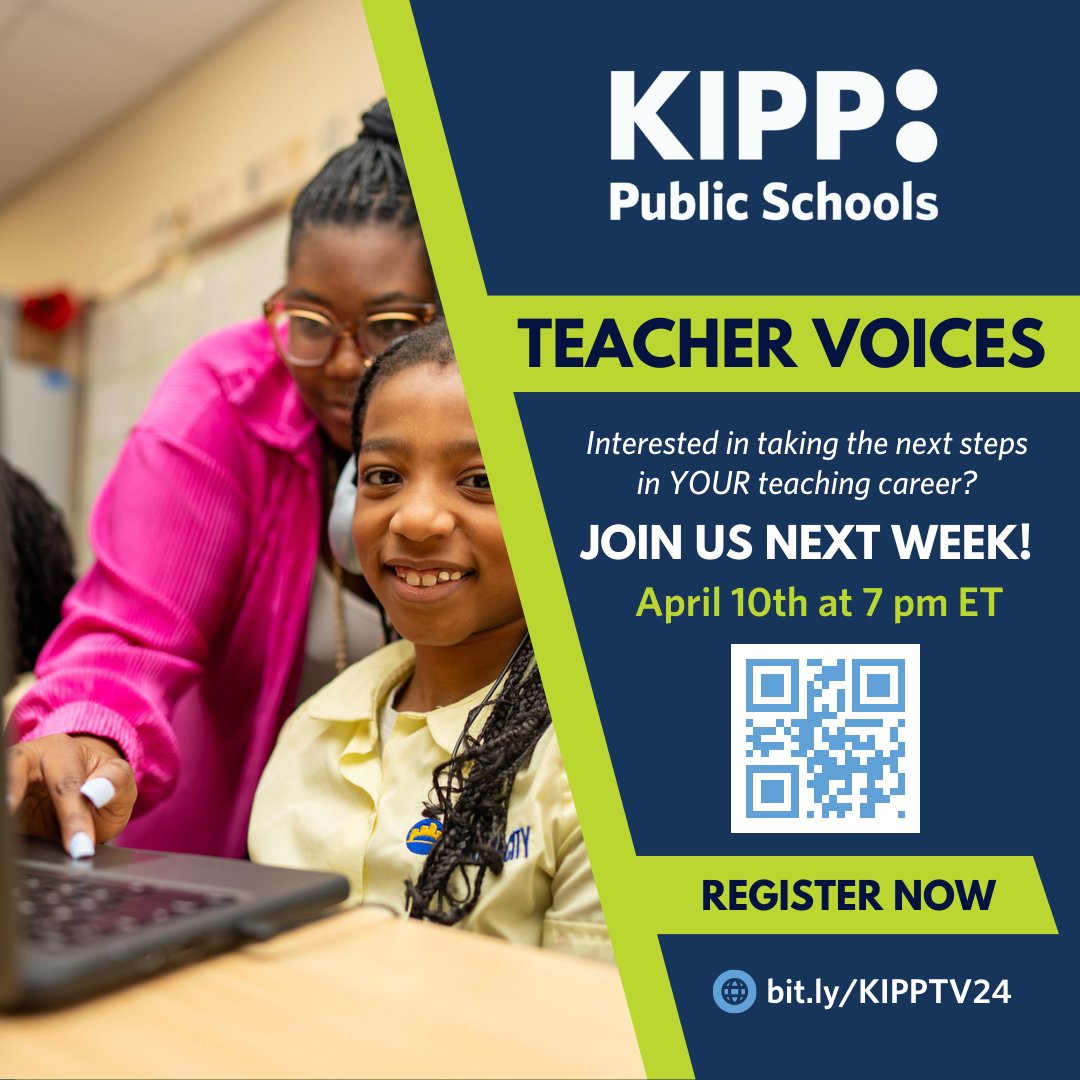 We’re 1 week away! ⏰ Join us on April 10th at 7 PM EST for an engaging discussion highlighting the incredible experiences of KIPP Public Schools teachers. Get ready to be informed, inspired, and empowered! #TeachAtKIPP hubs.ly/Q02rxDKz0