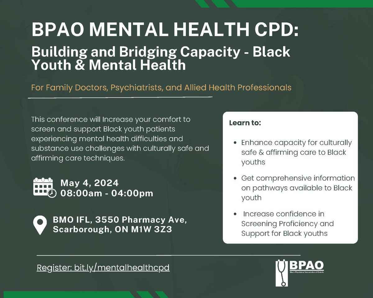 Join @theBPAO's Mental Health CPD conference on May 4 to learn how to enhance your capacity for culturally safe & affirming care to Black youths experiencing mental health difficulties and substance use challenges Register 👉 bit.ly/mentalhealthcpd