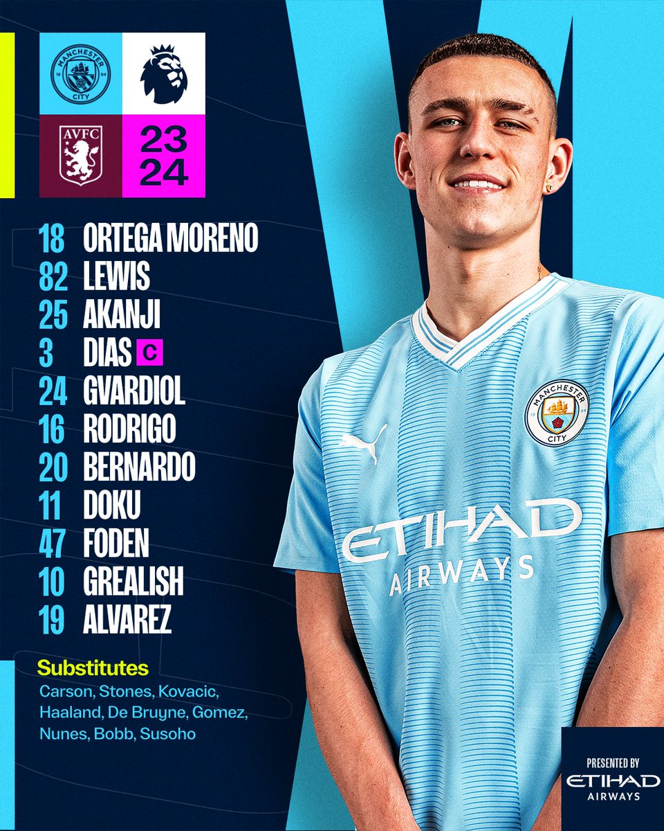 ManCity's tweet photo. In the blue corner! 🩵

XI | Ortega Moreno, Lewis, Akanji, Dias (C), Gvardiol, Rodrigo, Bernardo, Doku, Foden, Grealish, Alvarez

SUBS | Carson, Stones, Kovacic, Haaland, De Bruyne, Gomez, Nunes, Bobb, Susoho

#ManCity | @etihad https://t.co/9lYty11XS8