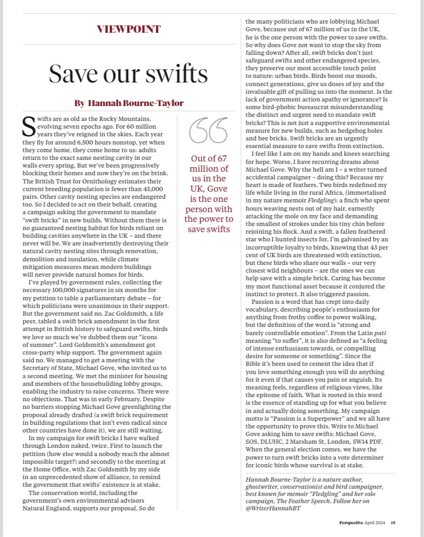 New issue of ⁦@perspectiveHQ⁩ ‘What on Earth is holding the govt back? Swift bricks are cheap, zero maintenance, popular easy to install & could be the difference between an iconic species surviving or dying. Please ⁦@michaelgove⁩ just do it’ - ⁦@ZacGoldsmith⁩