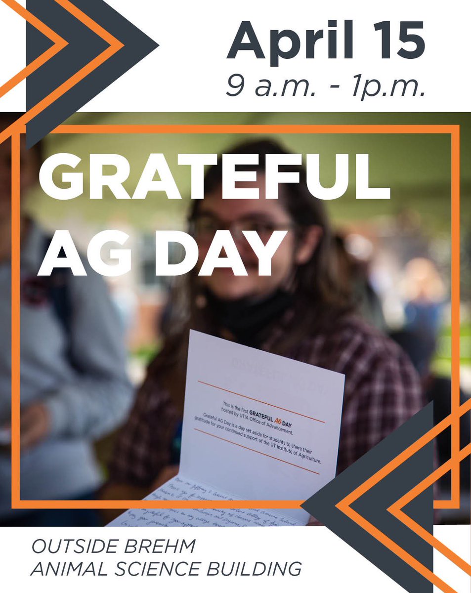Join the UTIA Office of Advancement on April 15 for Grateful Ag Day! Stop by the Brehm Animal Science Building from 9 AM to 1 PM and write thank you letters to generous donors of the Herbert College of Agriculture. There will be FREE t-shirts, games, and food!