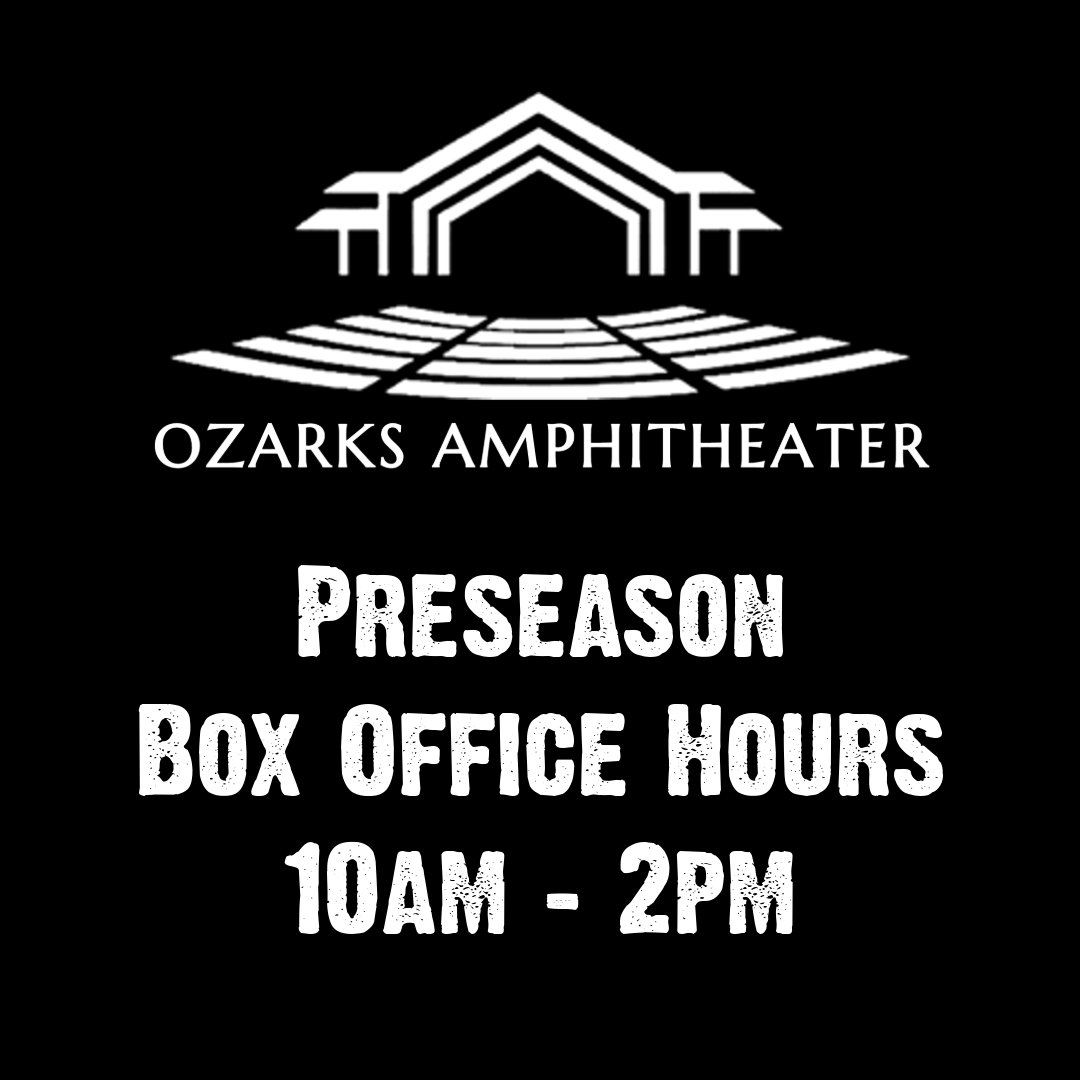 For customers preferring to purchase tickets in-person, our box office is open during the preseason from 10 AM to 2 PM (M-F). You can also pick them up at Bridal Cave, Split Arrow Boutique, and Outlaws Mens Outpost. Thanks to Concert Series sponsor Central Ozarks Medical Center.