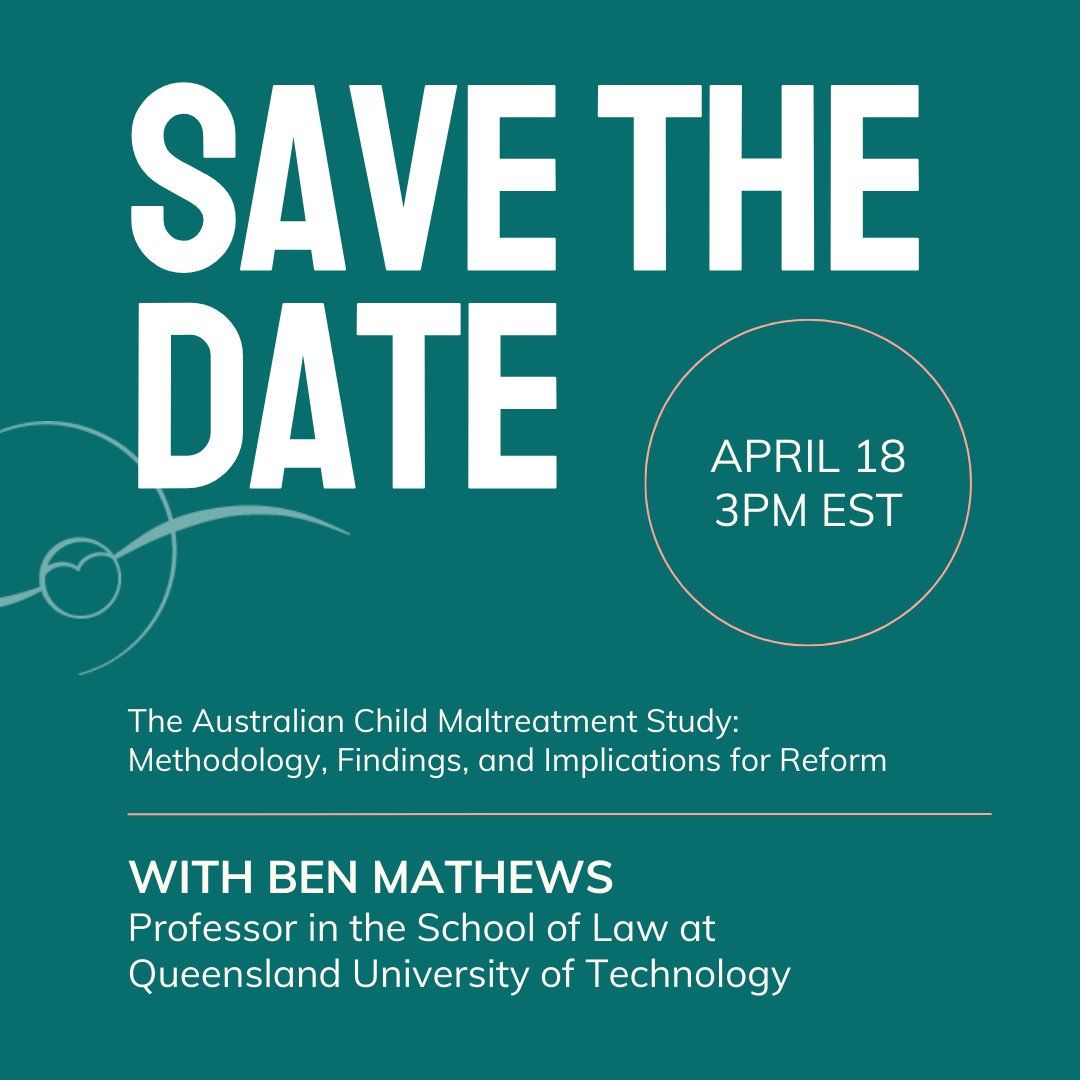 Ben Mathews, Professor from Queensland University of Technology, is giving a free lecture on the Australian Child Maltreatment Study at McGill University on April 18 from 3pm to 5pm! Join virtually or in person (limited to space availability)
surveymonkey.com/r/76X7BNF