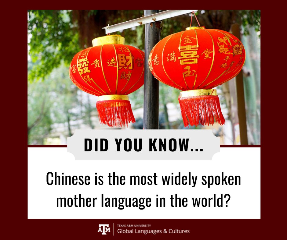 English is the most spoken second language in the world, and Mandarin Chinese is the most-used mother language with more than 1.3 billion Chinese speakers worldwide. #LearnChinese #ChineseLanguage #StudyChinese #tamuChinese #StudyLanguage #StudyCulutre #tamuGLAC