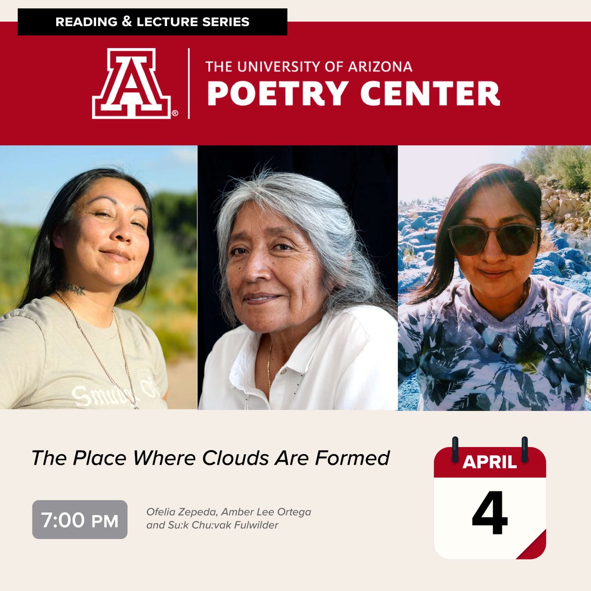 Tomorrow, join us in celebration of The Place Where Clouds Are Formed! The special reading features poets Ofelia Zepeda, Amber Lee Ortega and Su:k Chu:vak Fulwilder. poetry.arizona.edu/calendar/place…