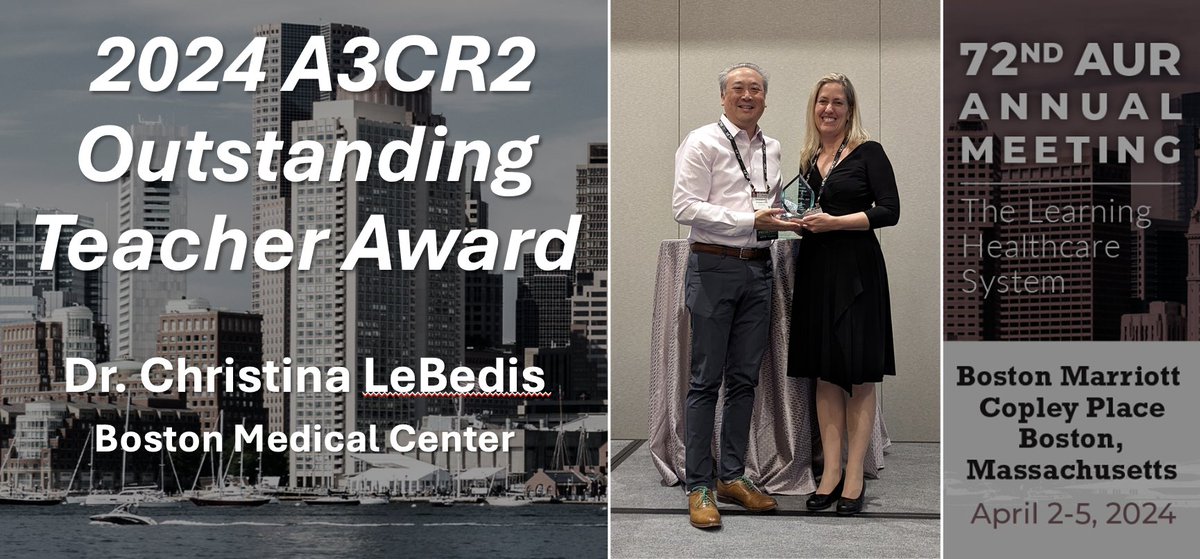 Congratulations to @CLebedis ,winner of the A3CR2 Outstanding Teacher Award! 🏆 'Chrissy embodies the epitome of an outstanding educator and mentor...Her warm and welcoming personality and her willingness to go the extra mile for her residents sets her apart.'