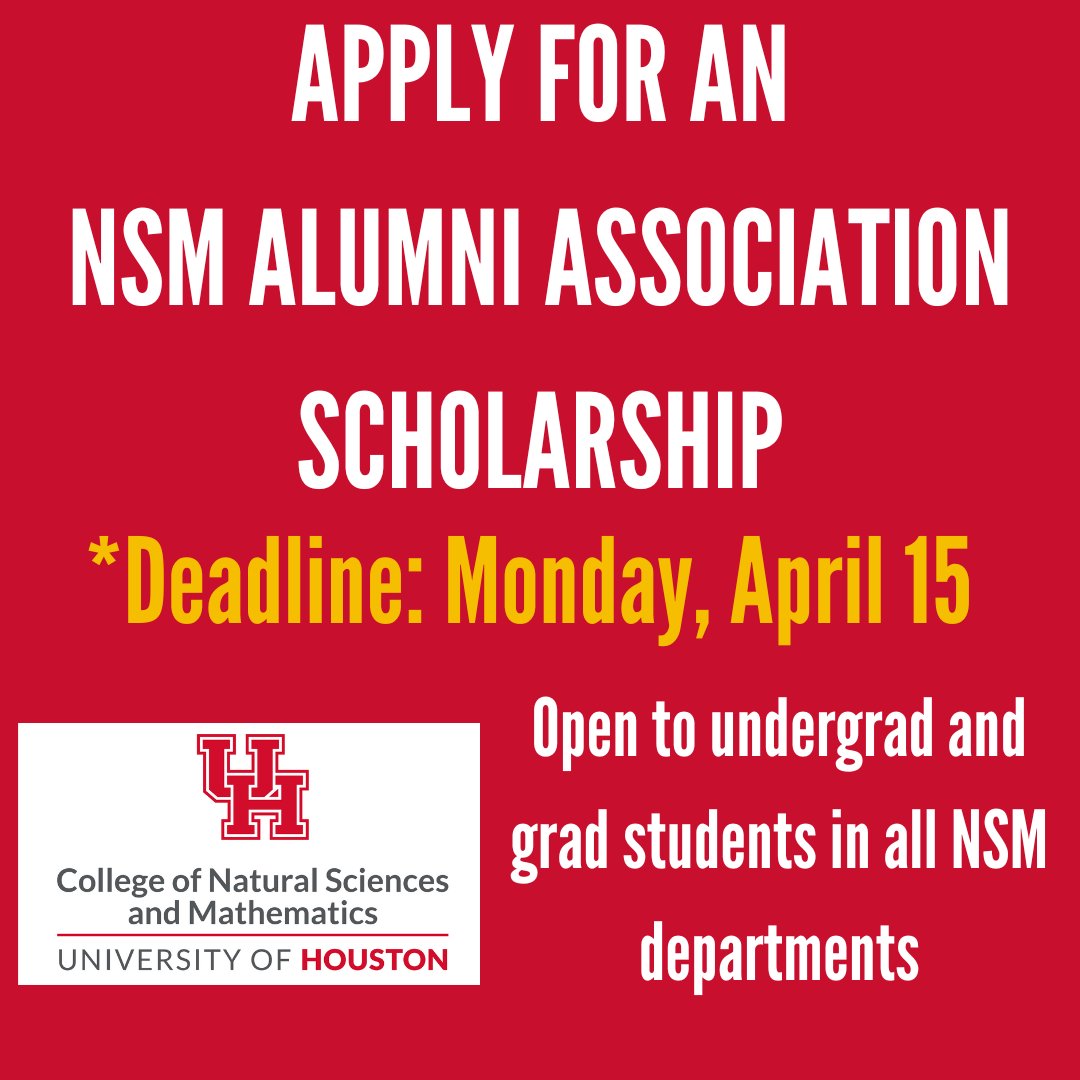 Apply now for an NSM Alumni Association scholarship! To qualify, you must be an NSM undergrad or grad student, have a cumulative 3.25 GPA. More information and to Apply- uhaaf.com/scholarships/