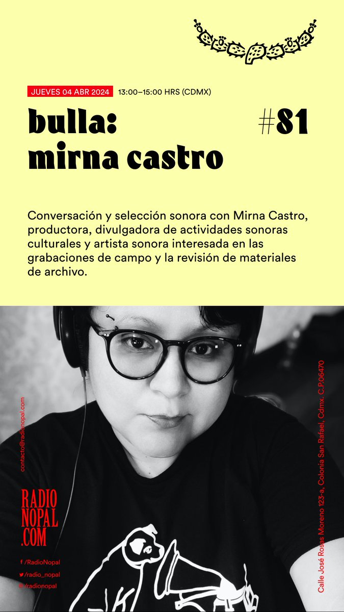 Mañana jueves x radionopal.com hago Bulla 81 con Mirna Castro <a href="/conerdjo/">Mirna_Conejo</a>, productora, divulgadora de actividades sonoras culturales y artista sonora interesada en grabaciones de campo y revisiones a archivos sonoros. #bullaradio #promotoracultural #womeninsound 1-3PM CDMX