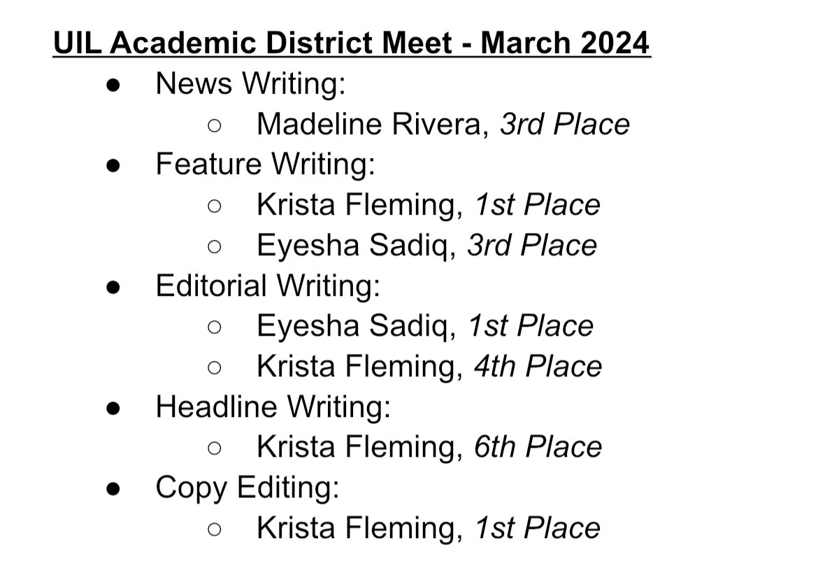 Congratulations to the UIL Academics Journalism team for winning its 4th-straight district championship on Tuesday. Students earned five spots at the regional meet which will take place on April 26. The remaining UIL academic teams will compete in the district meet this weekend.