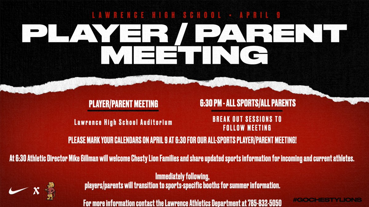 📆 Mark your calendars!📆 2024-2025 Athletic Meeting Current athletes 9-11 Rising freshman and incoming parents of freshman Tuesday, April 9th at 6:30 in the Lawrence High Auditorium Summer workout schedule, physical info, and all things athletics. Meet the coaches! 🦁🔥