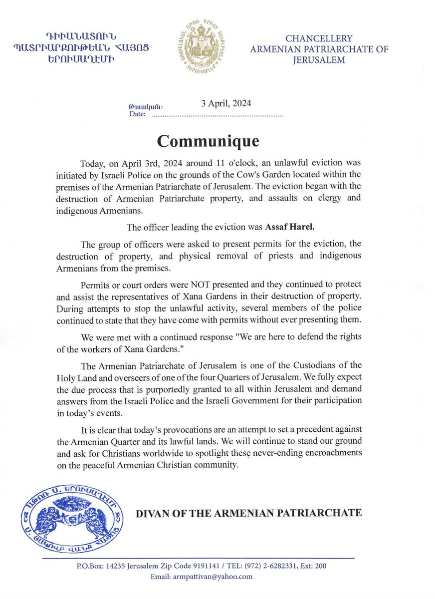 ANCA_DC's tweet photo. The Armenian Patriarchate of Jerusalem - a pillar of global faith since the 4th Century - calls on Christians worldwide to stop the illegal seizure of Jerusalem's #ArmenianQuarter.
