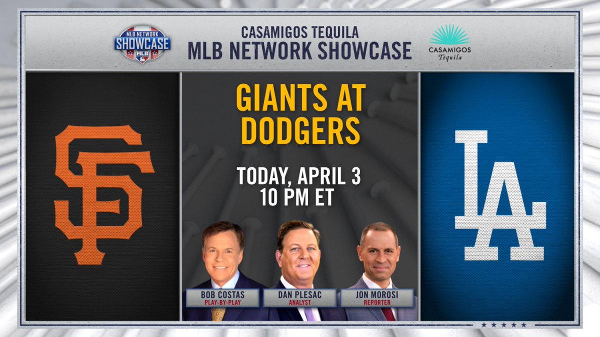 The second #MLBNShowcase telecast of the season is tonight at 10 p.m. ET with the @SFGiants at @Dodgers, called by Bob Costas, @Plesac19 and @jonmorosi.