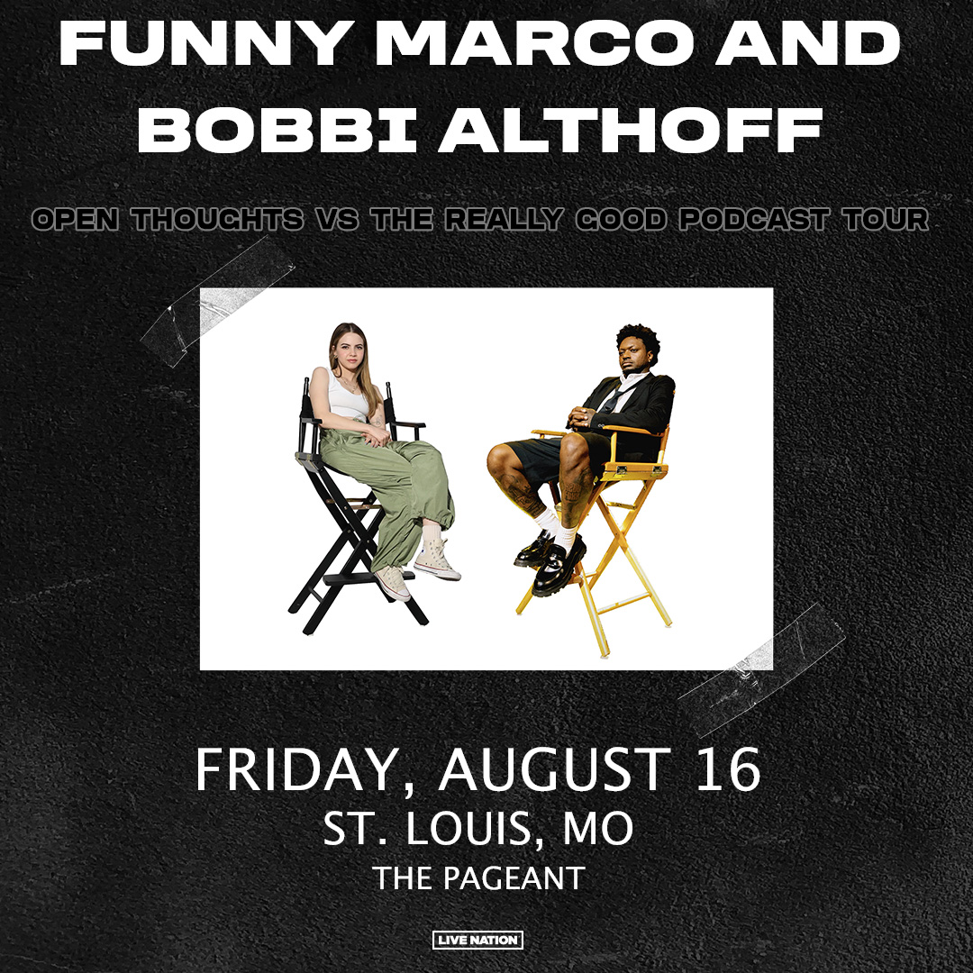 JUST ADDED: Open Thoughts vs Really Good Podcast Tour - Funny Marco and @thebobbialthoff at The Pageant |08.16| Live Nation presales start Thursday at 10am (code: RIFF)! On Sale Friday at 10am CST! More info: ticketmaster.com/event/0600607A…