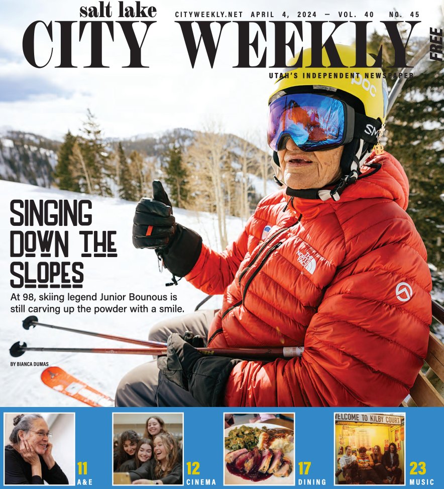 Friends! A new issue of @CityWeekly is out NOW online and headed to newsstands. This week, Bianca Dumas profiles Utah skiing legend Junior Bounous, the world's oldest heli-skiier and still a powder demon at age 98. Check it out! #slc #utpol #utski cityweekly.net/utah/at-98-ski…