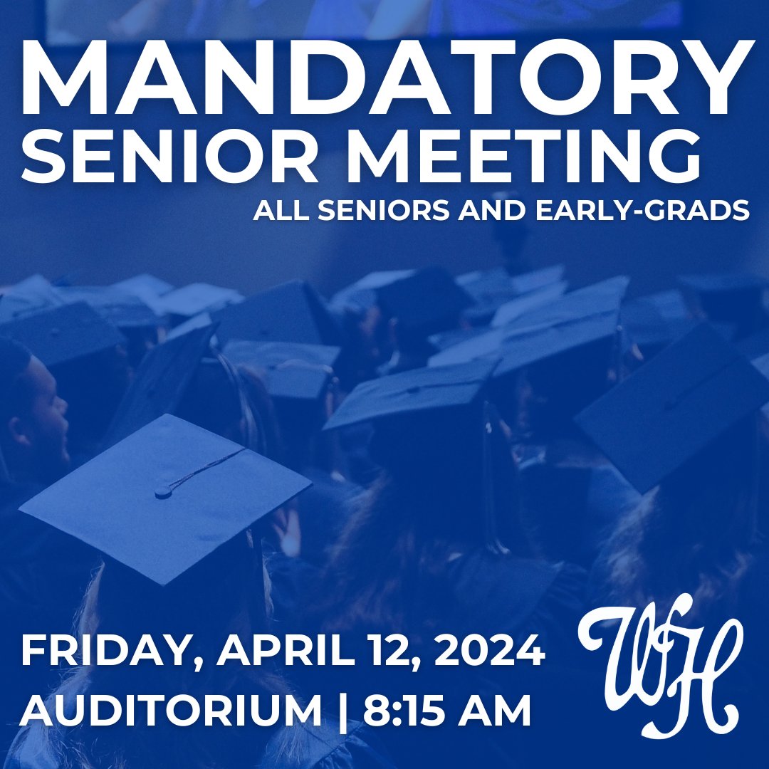 There will be a mandatory meeting for all Seniors and Early Grads next Friday - April 12, 2024 - at 8:15 am in the Auditorium. Administration and Counselors will be sharing important details about Graduation, Prom and wrapping up the school year.

#whitehousebdp #bdp