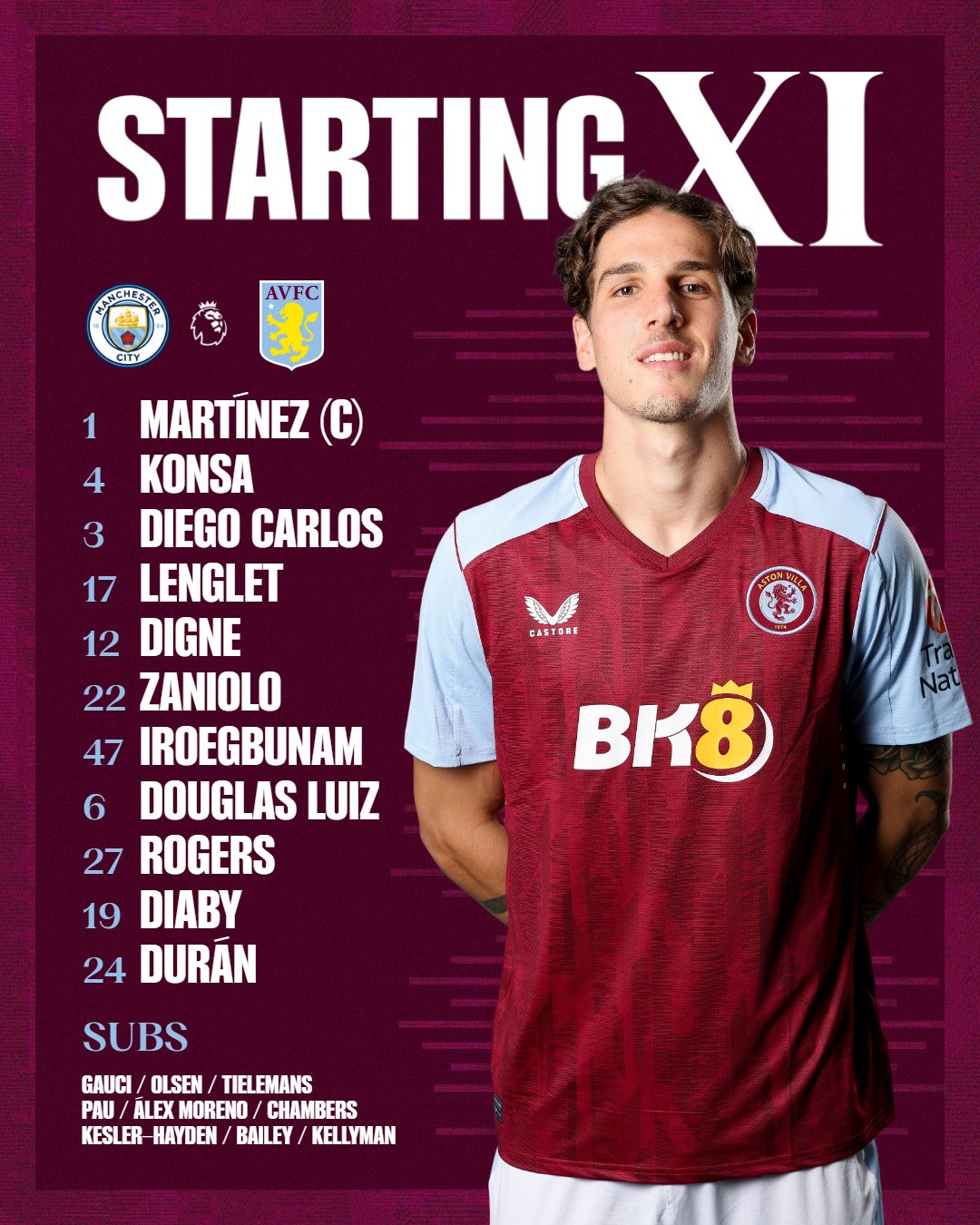 Aston Villa team to face Manchester City: Martínez (captain), Konsa, Diego Carlos, Lenglet, Digne, Zaniolo, Iroegbunam, Douglas Luiz, Rogers, Diaby, Durán. Substitutes: Gauci, Olsen, Tielemans, Pau, Álex Moreno, Chambers, Kesler-Hayden, Bailey, Kellyman.