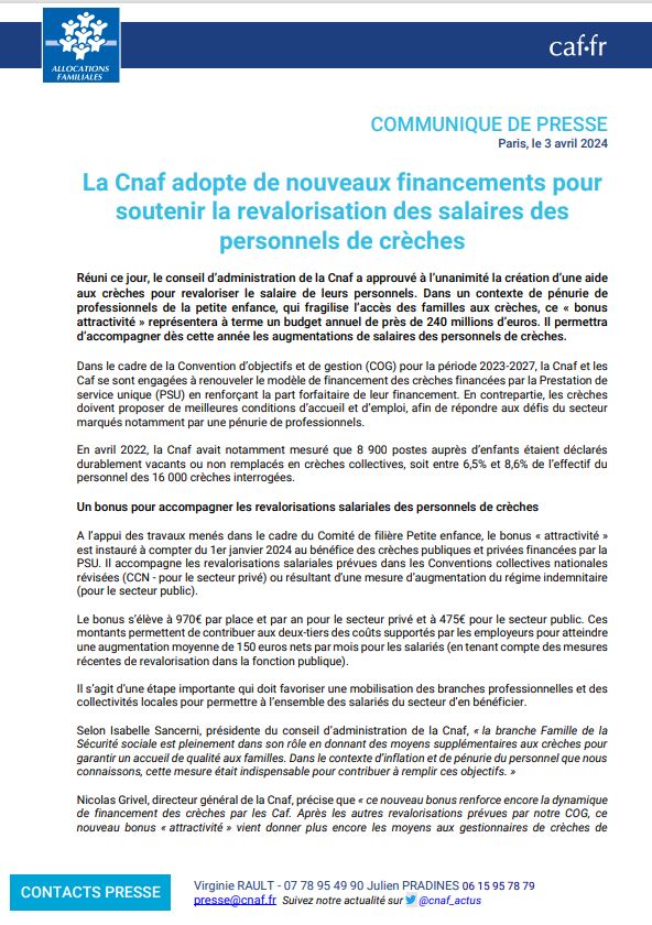 #Communiqué de #Presse 🗞

🌟 Nouvelle initiative de la Cnaf pour soutenir la revalorisation des salaires dans les crèches ! 💼💡

Aujourd'hui, lors de sa réunion, le conseil d'administration de la Cnaf a donné son feu vert à une augmentation significative des financements