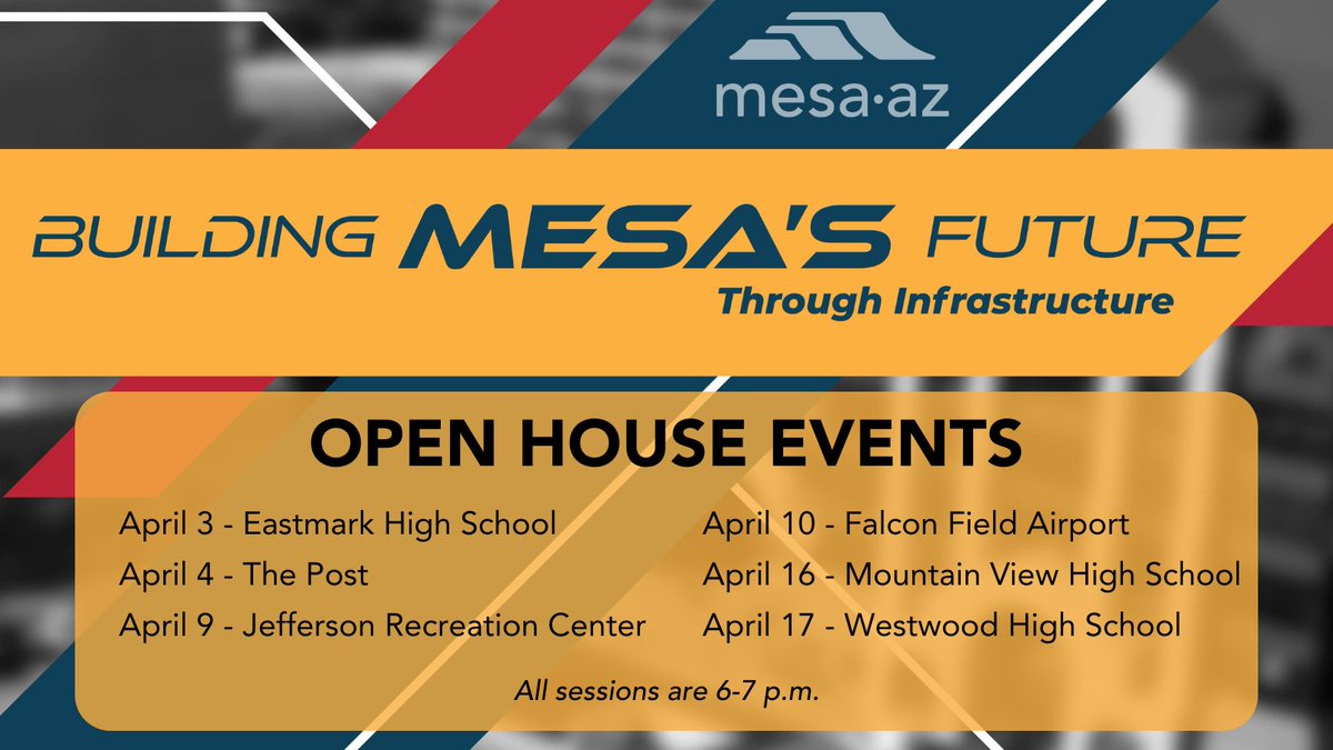 The first of six open house events is happening tonight. Learn about proposed infrastructure project concepts, talk to City staff and tell us what infrastructure investments you want in Mesa's future. Open house info and all project details can be found at mesalistens.com/hub-page/build…