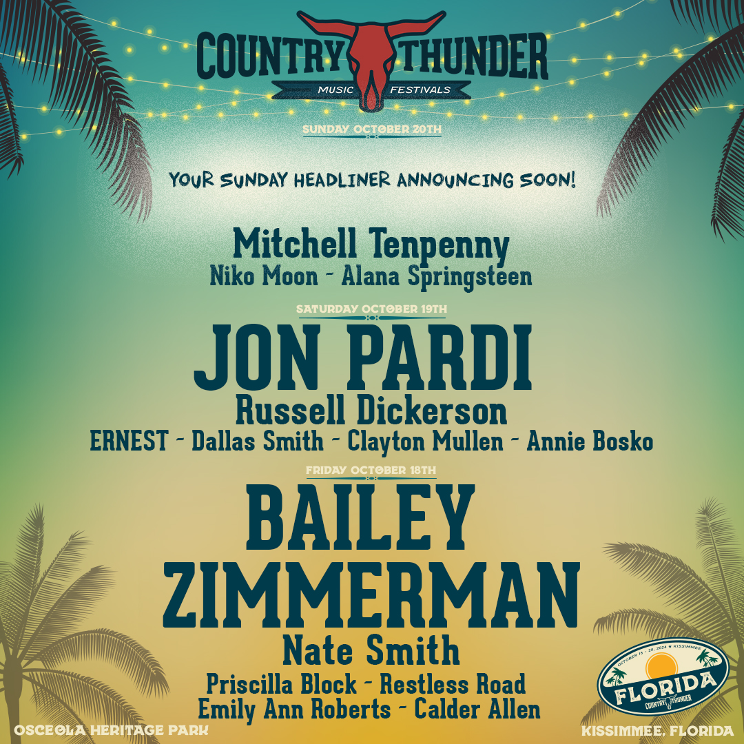 Country Thunder Florida Lineup Announcement! Performances from Bailey Zimmerman, Jon Pardi, and more. But Wait! There's one more major headliner in store... Stay tuned for the big announcement! Platinum Experience, Gold Circle, Reserved Seating, GA, and Camping are on sale now!