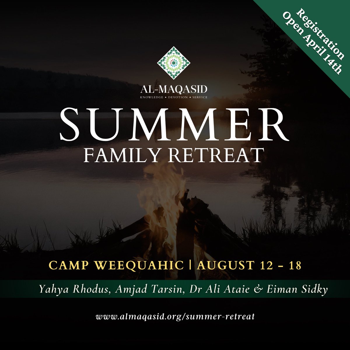 ﷽ 

We are excited to announce that registration for the 2024 Al-Maqasid Summer Family Retreat will launch on Sunday, April 14 at 12pm EST.