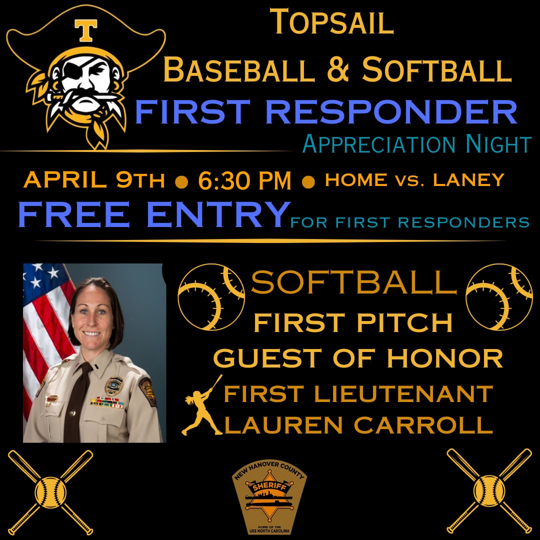 Join us at Topsail High School's First Responder Appreciation Night! Let's unite to honor our brave heroes and cheer on 1st Lieutenant Carroll as she throws the first pitch! Show your support on April 9th at 6:30 PM. Don't miss out on this unforgettable evening! #NHSO