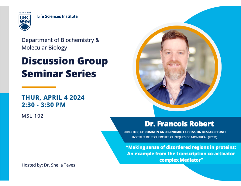 📢TOMORROW! We would like to invite you to our Discussion Group Seminar Series featuring Dr. Francois Robert “Making sense of disordered regions in proteins: An example from the transcription co-activator complex Mediator” 📍April 4th, 2:30 PM, MSL 102 Hope to see you there🌟