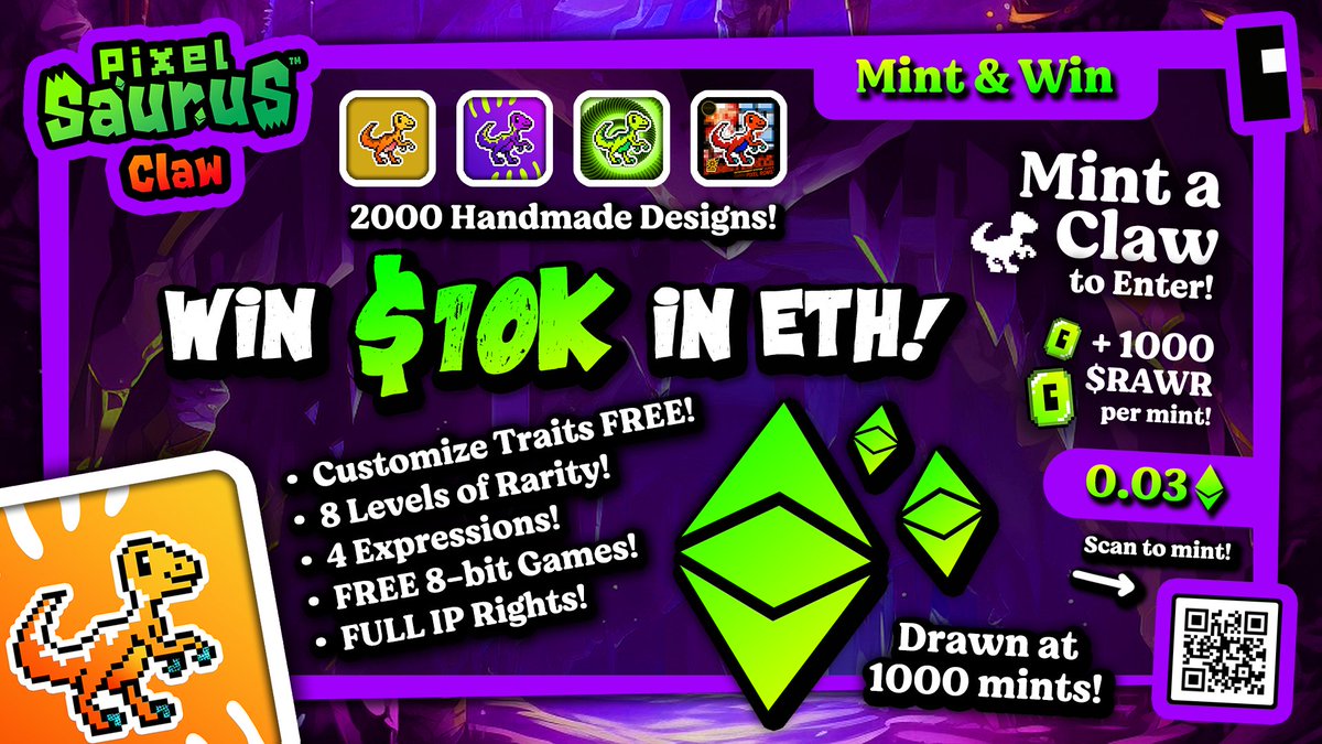 Mint a PixelSaurus® Claw #nft and you could win $10,000 in ETH!

First 1000 Claw mints are eligible. The more you mint = the more chances you have! Giveaway to be drawn transparently via <a href="/chainlink/">Chainlink</a> VRF!

Mint on #OpenSea Drops | 0.03 ETH 👇🦕🦖🌋
✨  opensea.io/collection/pix…