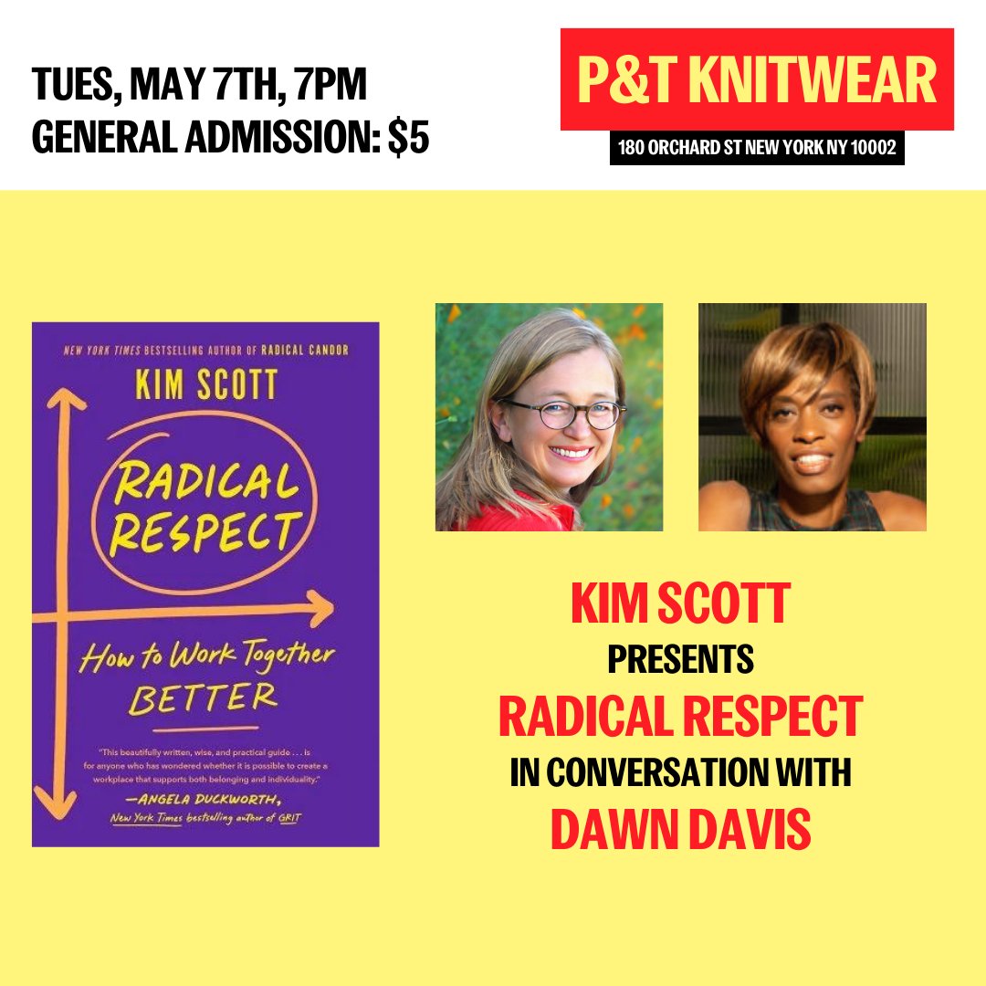 Join me at @ptknitwear in NYC on May 7th for a discussion with Dawn Davis about my new book 'Radical Respect: How To Work Together Better.' Book signing to follow! Excited to see you there! Tickets: [bit.ly/43HdwOD] #RadicalRespect #BookLaunch #RadicalCandor