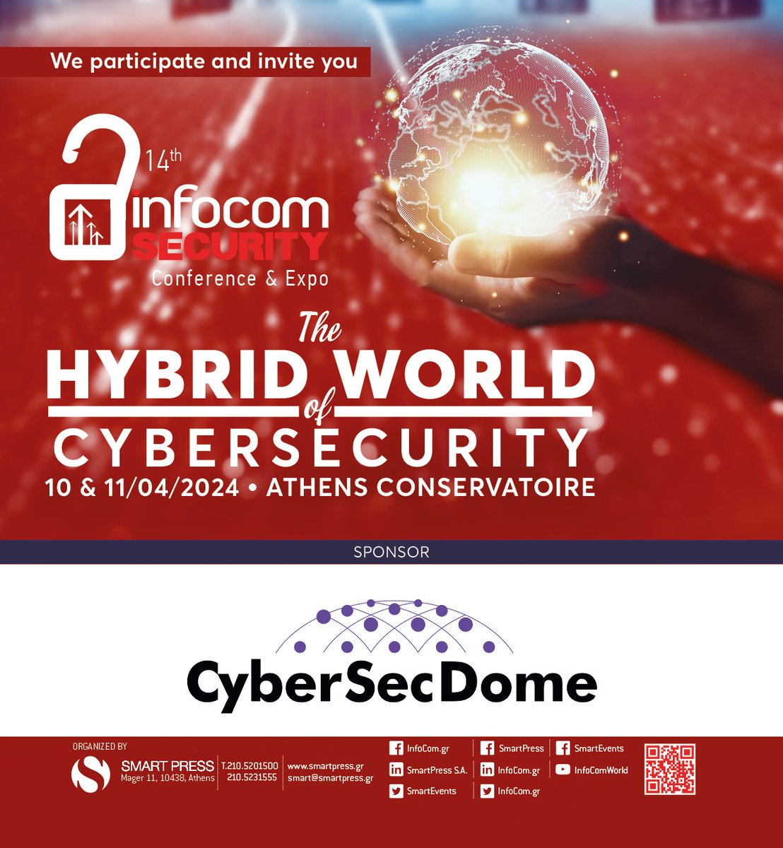 Excited to announce that #CyberSecDome will be at the '14th InfoCom Security 2024' event on April 10 & 11 at the Athens Conservatory! 
Explore #AI, #IoT, and Hybrid #CloudTechnologies with us as we dive into the latest in #Cybersecurity
Register: infocomsecurity.gr/14o-infocom-se…