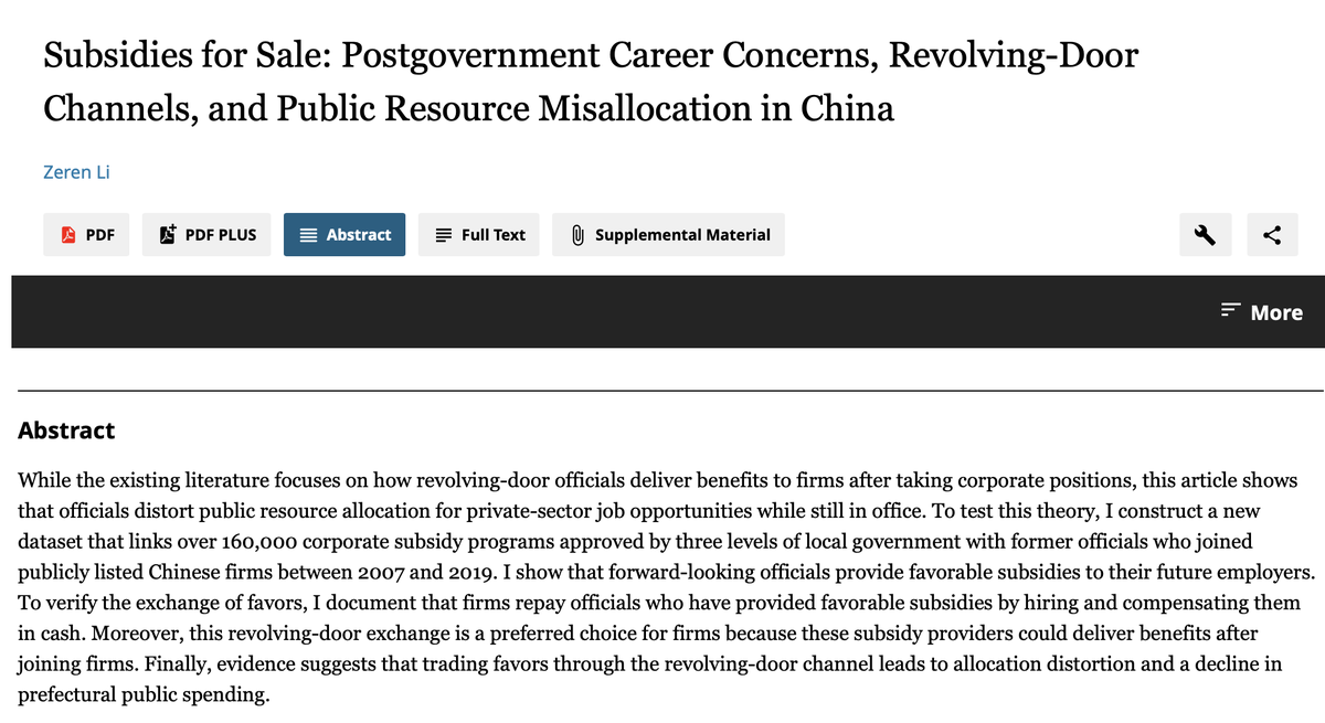 🚨 New publication alert! My research on how post-govt. incentives of revolving-door officials on their subsidy allocation decisions in China is now available in @The_JOP. #RevolvingDoor #MoneyinPolitics #Corruption journals.uchicago.edu/doi/10.1086/72…
