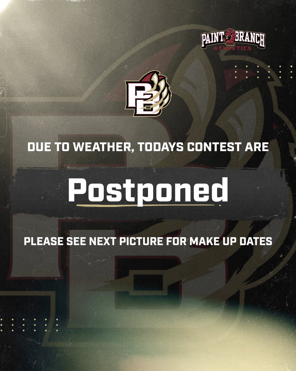 pbhs_sports's tweet photo. Due to weather, all contests today are postponed. Please see picture for make up dates! https://t.co/VzQraKr0SM