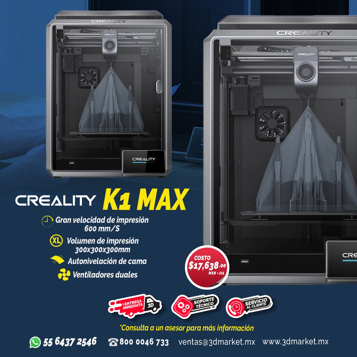 Conoce la K1 Max de Creality 🤩
Impresiones de calidad profesional en un abrir y cerrar de ojos. 🤯
👉🏼3dmarket.mx/p/k1-max-creal…

Contáctanos:
WhatsApp: wa.me/message/WRFSFT…
☎️Int. de la República: 800 0046 733

#impresion3d #impresoras3d #3dprint #3dmarket #creality #k1max