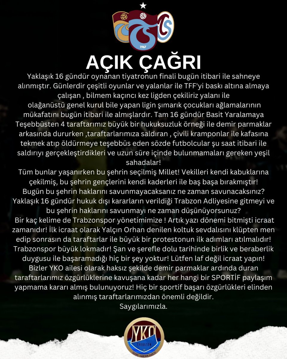 📍AÇIK ÇAĞRI! Bizler YKO ailesi olarak haksız şekilde demir parmaklar ardında duran taraftarlarımız özgürlüklerine kavuşana kadar herhangi bir SPORTİF paylaşım yapmama kararı almış bulunuyoruz! Hiç bir sportif başarı özgürlükleri elinden alınmış taraftarlarımızdan önemli…