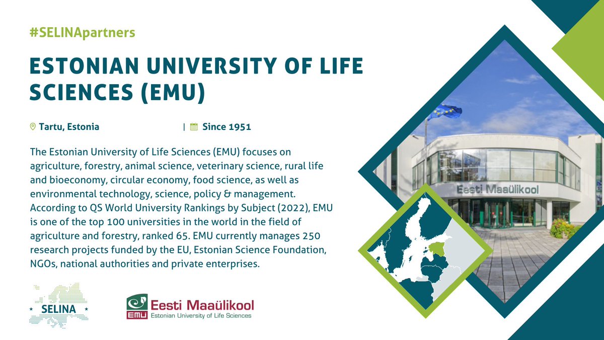 The Estonian University of Life Sciences (EMÜ) focuses on agriculture, forestry, animal science, veterinary science, rural life and bioeconomy, circular economy, food science, as well as environmental technology, science, policy & management. Learn more #SELINApartners ⬇️⬇️⬇️