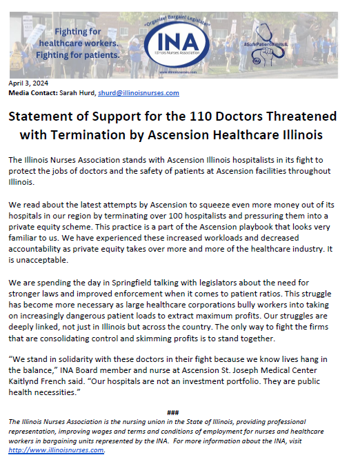 INAaction's tweet photo. Our union stands in solidarity with these doctors who are facing termination by Ascension Illinois. They have come into work every day to save lives and don't deserve this mistreatment. Shame on Ascension. https://t.co/Y6Th3w0py0