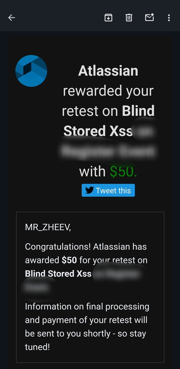 Alhamdulillah🤲🏻

Get $2400 + $50 for retest bonus at @Bugcrowd
Good start to the month, no tips this time because it is very basic for Xss😂

#bug #bughunter #bugbounty #reward #xss #bugcrowd