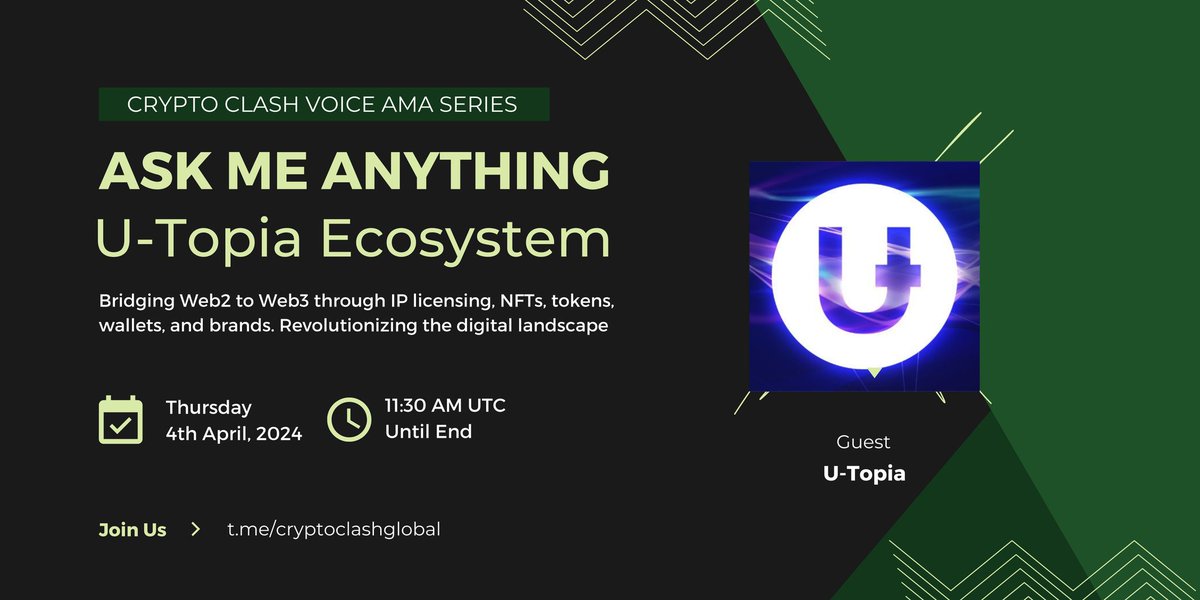 🎙️Don't miss out on joining us for an exclusive #TelegramVoiceAMA with U-Topia Ecosystem. ◾️Revolutionizing the digital landscape. 🕰 4th April, 11 : 30 AM UTC 💰 50 $USDT 🏛 Venue : t.me/cryptoclashglo… 📌 Rules: 1️⃣ Follow @u_topiastudio 2️⃣ Like & Retweet.