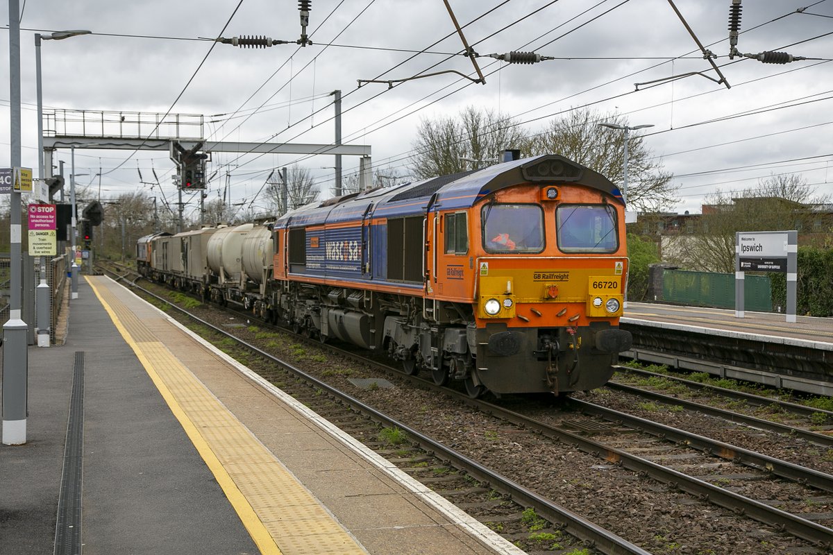 GBRf Class 66/7 No.66720 Wascosa with No.66731 Captain Tom Moore on the rear at Ipswich on 3rd April 2024 working 3Q00 12:03 Stowmarket DGl-Broxbourne Down Tamper Sdg Weed control train.#class66 #Ipswich #Weedcontrol