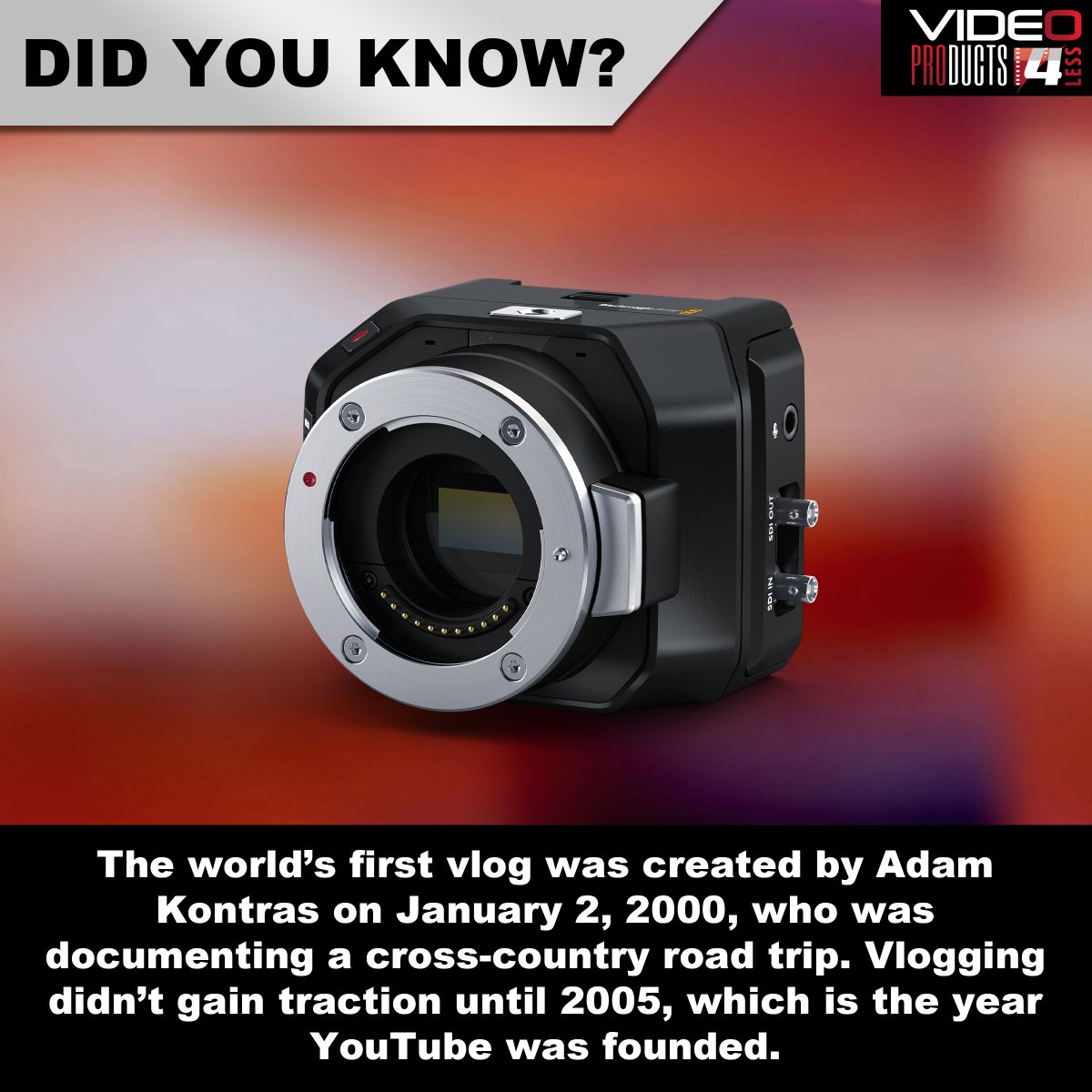 Vlogging is older than YouTube, but YouTube is what made vlogging popular!

#didyouknow #didyouknowdaily #trivia #techfacts #techtrivia #themoreyouknow #BlackmagicDesign #vlog #vlogging #vlogger #videoblog #Youtube #crosscountry #Enthusiast #online #filmmaking #filmequipment