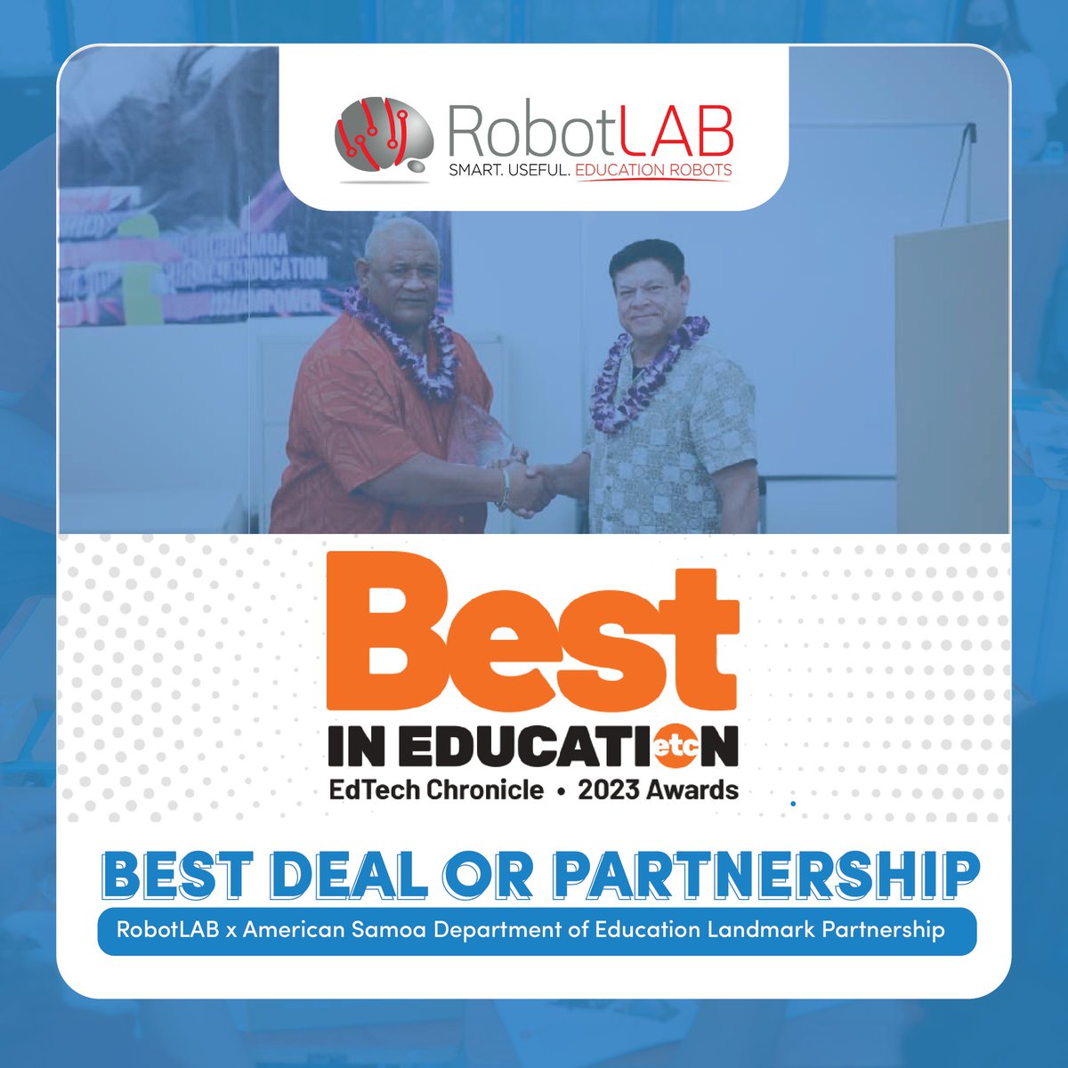 Excited to share that RobotLAB won the @EdTechChronicle 2023 Bestie Award for our partnership with the American Samoa Department of Education! 🏆🤖 Recognizing our commitment to innovative #STEM education. Thank you for your support! @Powerhouseandco robotlab.com/blog/robotlab-…