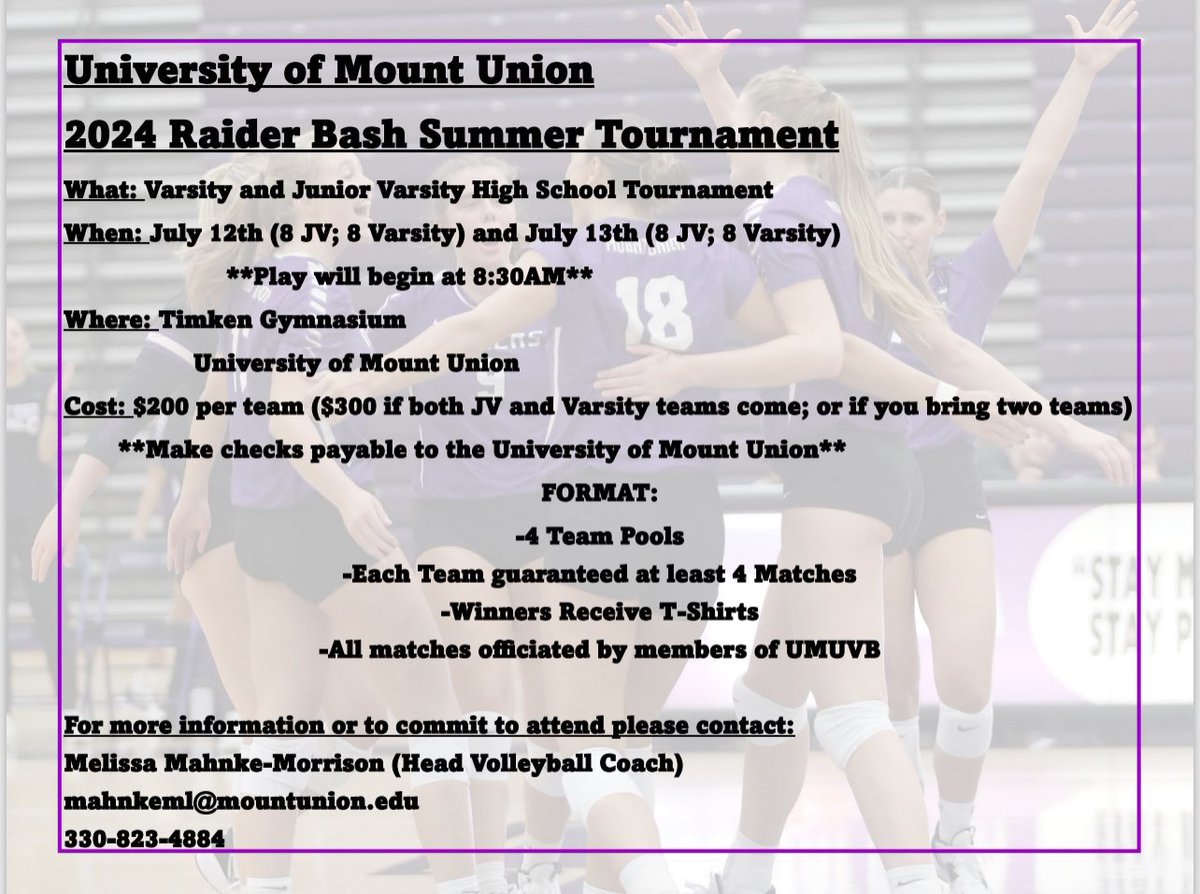 🚨SPOTS ARE STILL AVAILABLE 🚨 Join us for our annual high school tournament on July 12th or July 13th! If you have any questions please reach out to Coach Mahnke-Morrison: mahnkeml@mountunion.edu