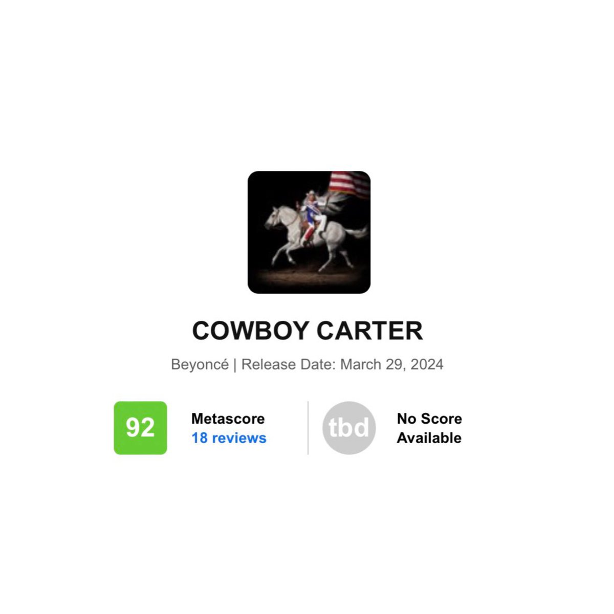 COWBOY CARTER” maintains an excellent Metacritic score of 92 based on 18  (+4) reviews so far.